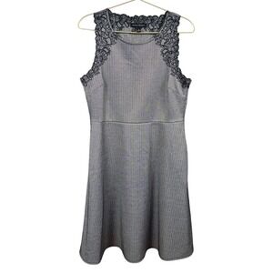 Banana Republic Herringbone Lace Trim Fit Flare Dress Black White Pockets Size 8